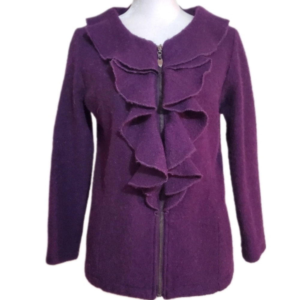 Elena Solano plum 100% boiled wool ruffle zip closure blazer jacket. PS